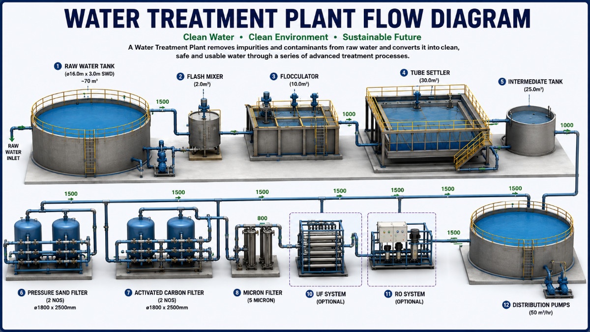 Water Treatment Plant (WTP) treatment process flowchart