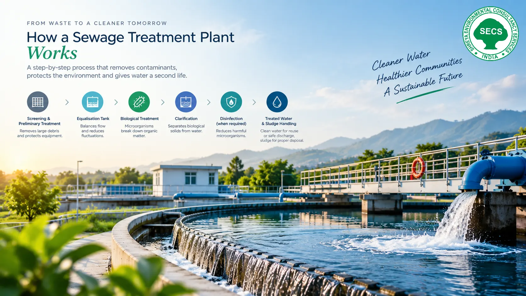 Step-by-step sewage treatment process inside an STP plant in Baddi