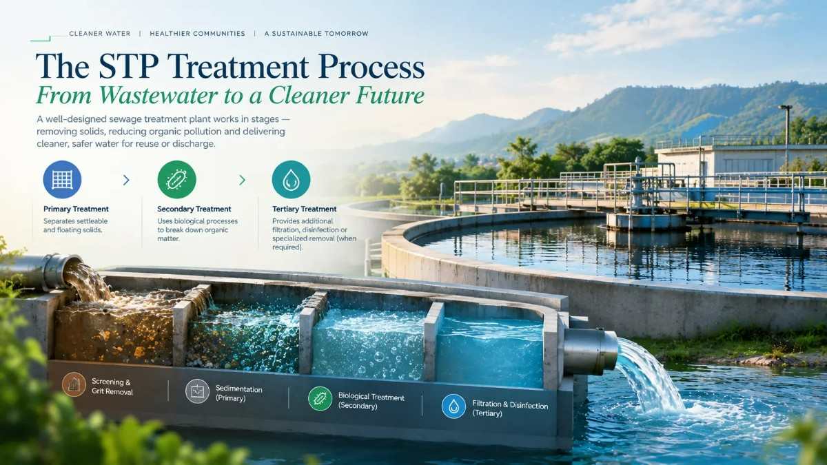 Primary, secondary and tertiary treatment stages in a sewage treatment plant