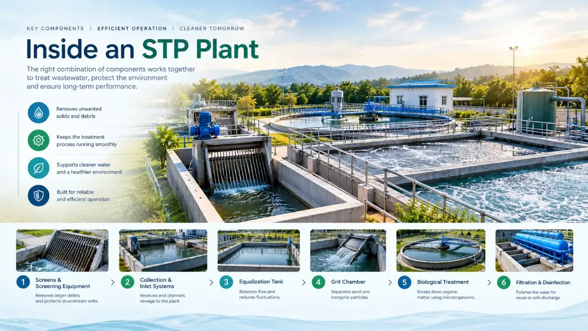 STP plant components including treatment tanks, screens, blowers, clarifiers and filtration equipment